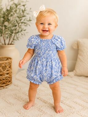 Vince Camuto Kids Blue Floral Romper Puff Sleeve Ruffle Bubble Romper | NWT 24M